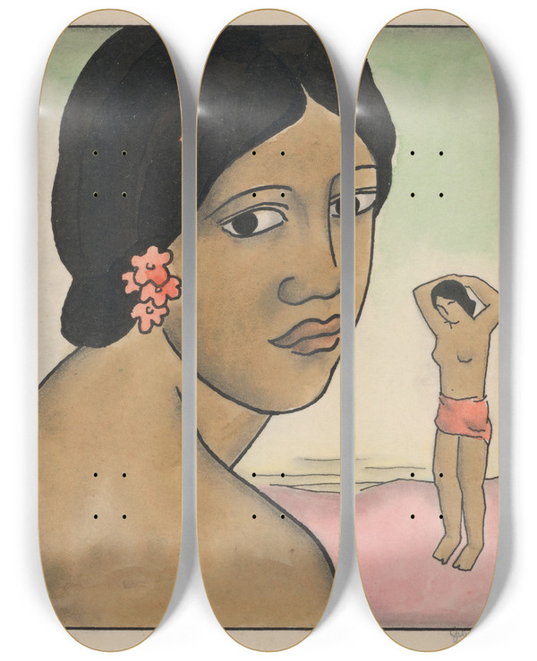 Triptych art skateboard deck of Mikul Galanda Tahianka by Mikulas Galanda (1895-1938)
