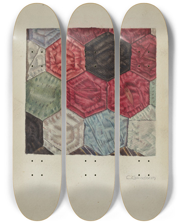 Triptych art skateboard deck of Mrs Goodwin Quilt Detail Honeycomb Pattern by Mrs Goodwin