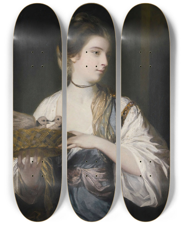 Triptych art skateboard deck of Sir Joshua Reynolds Nancy Reynolds With Doves by Sir Joshua Reynolds (1723-1792)