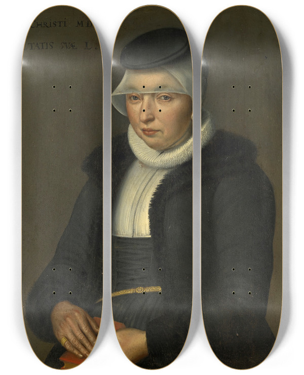 Triptych art skateboard deck of Bartholomus Sarburgh Portrait Of Dorothea Wasserhuhn Wife Of Peter Ryff by Bartholomaus Sarburgh (1590-1637)