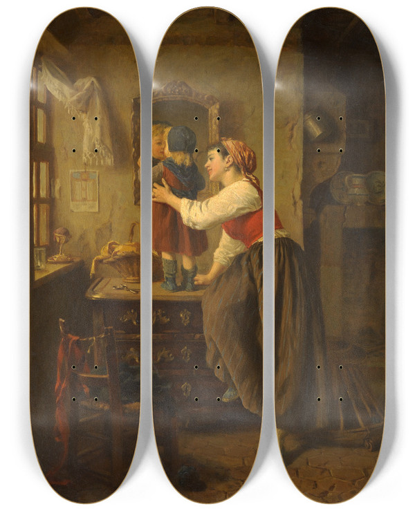 Triptych art skateboard deck of Paul Seignac Woman And Child Before A Mirror by Paul Seignac (1826-1904)