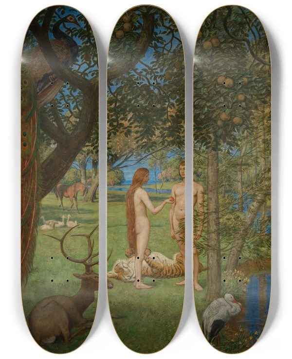Triptych art skateboard deck of Hans Thoma Das Paradies by Hans Thoma (1839-1924)