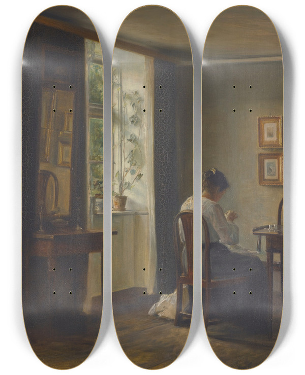 Triptych art skateboard deck of Carl Holse Seamstress Sewing In An Interior by Carl Holsoe (1863-1935)