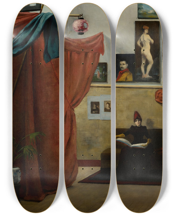 Triptych art skateboard deck of Edmond Tapissier Interieures De La Fin Du Sicle_1 by Edmond Tapissier (1861-1943)