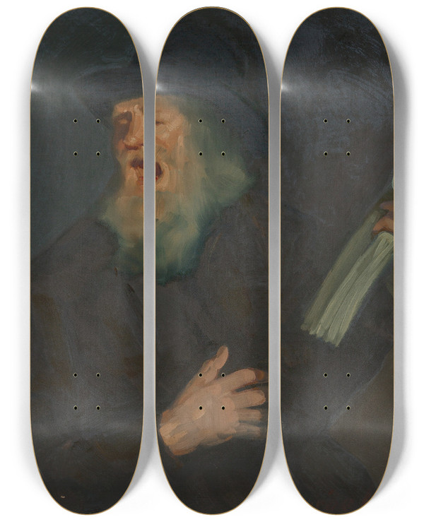 Triptych art skateboard deck of George Luks The Street Preacher by George Luks (1866-1933)