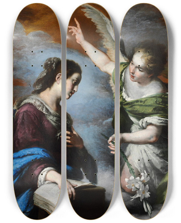 Triptych art skateboard deck of Bernardo Strozzi The Annunciation by Bernardo Strozzi (1581-1644)