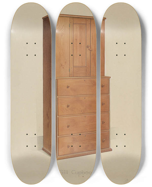 Triptych art skateboard deck of Anne Ger Shaker Sill Cupboard by Anne Ger