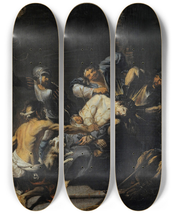 Triptych art skateboard deck of Simon De Vos The Crowning With Thorns by Simon de Vos (1603-1676)