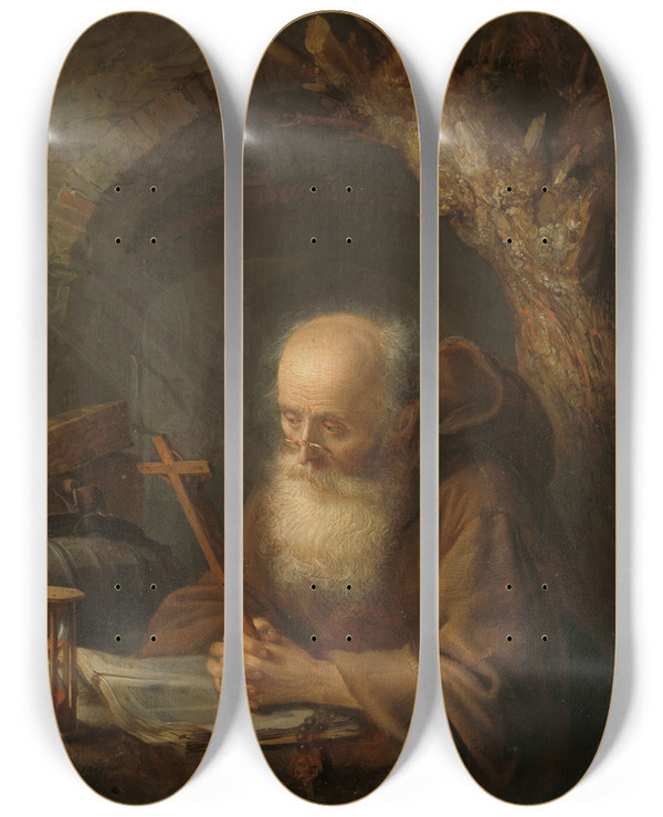Triptych art skateboard deck of Gerrit Dou A Hermit_2 by Gerrit Dou (1613-1675)