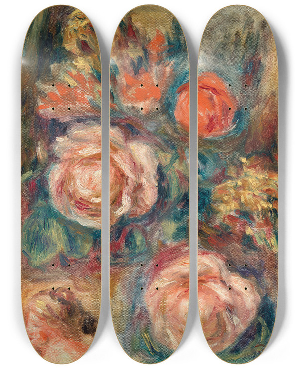Triptych art skateboard deck of Pierreauguste Renoir Bouquet Of Roses Bouquet De Roses by Pierre-Auguste Renoir (1841-1919)