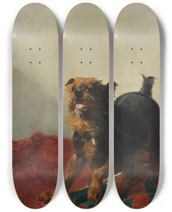 Triptych art skateboard deck of Giuseppe Palizzi Playing With A Fan by Giuseppe Palizzi (1812-1888)