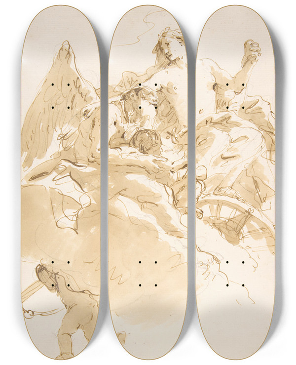 Triptych art skateboard deck of Giovanni Battista Tiepolo Venus Entrusting An Infant To Time by Giovanni Battista Tiepolo (1696-1770)