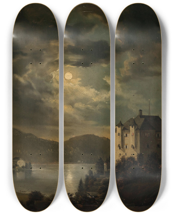 Triptych art skateboard deck of Clementine Von Rainer Wrthersee Mondstimmung Ber Schloss Freyenthurn Mit Blick Auf Loretto by Clementine Von Rainer (1824-1899)