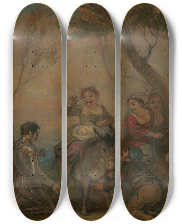 Triptych art skateboard deck of Robert Smirke Illustration For Don Quixote With Figures On A Donkey by Robert Smirke (1752-1845)