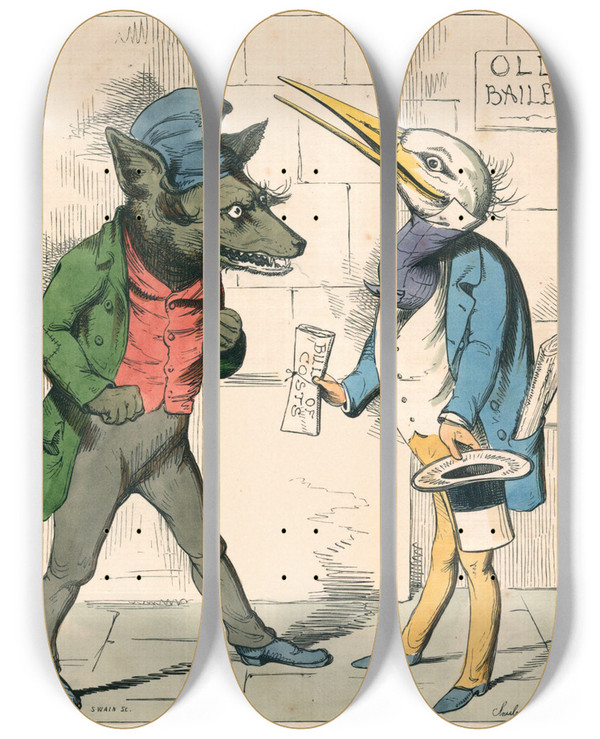 Triptych art skateboard deck of Charles Henry Bennett The Wolf And The Crane by Charles H Bennett (1828-1867)