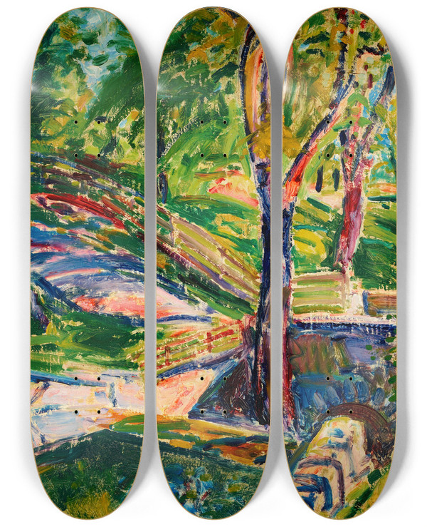 Triptych art skateboard deck of Alfred Henry Maurer Fenced Landscape by Alfred Henry Maurer (1868-1932)