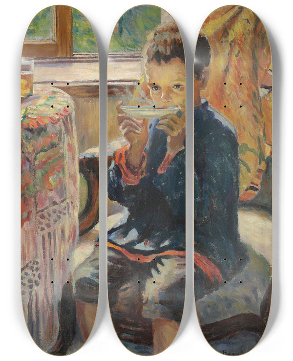 Triptych art skateboard deck of Nikolai Bogdanovbelsky A Young Boy Drinking Tea by Nikolai Bogdanov-Belsky (1868-1945)