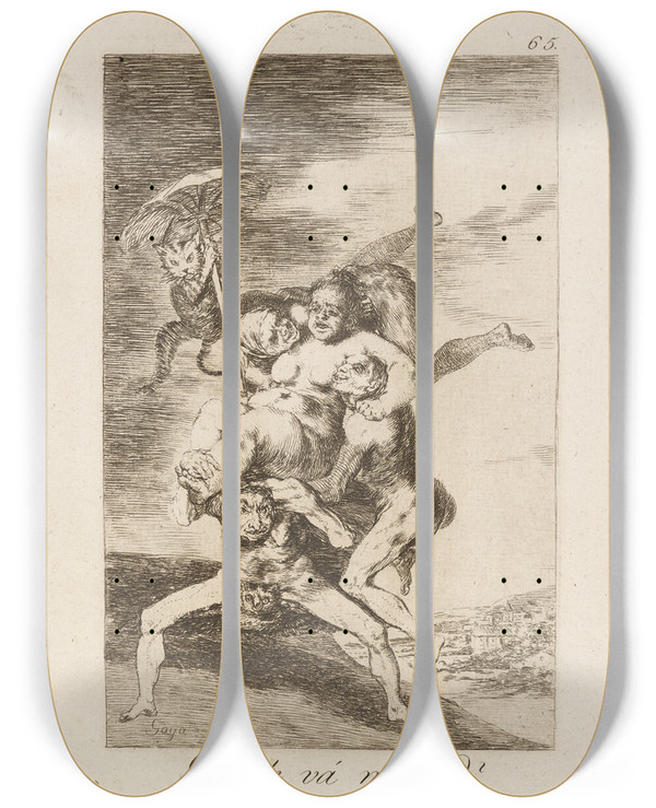 Triptych art skateboard deck of Francisco De Goya Donde V Mam Where Is Mother Going by Francisco de Goya (1746-1828)