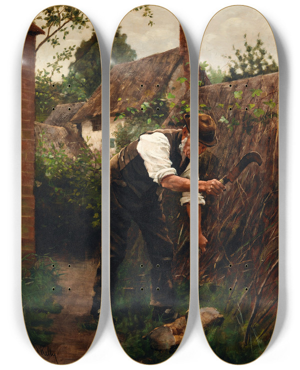 Triptych art skateboard deck of Aloysius Okelly Preparing For Winter by Aloysius Okelly (1853-1936)