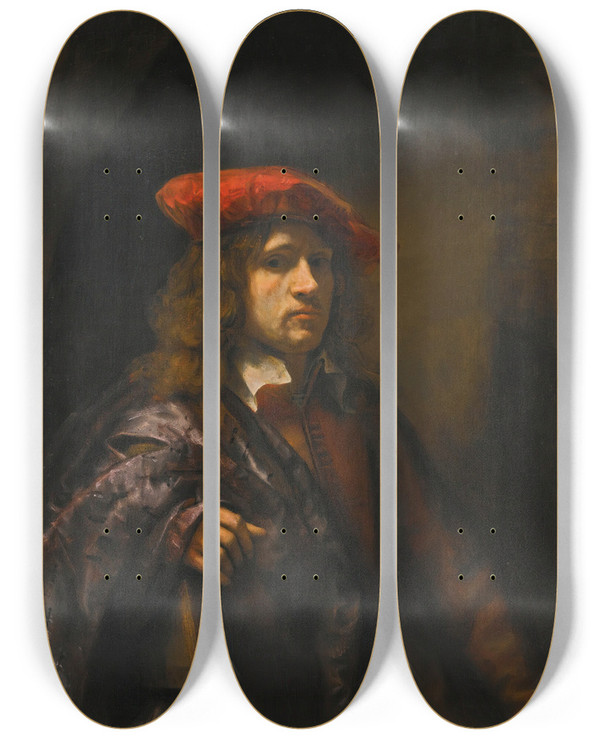 Triptych art skateboard deck of Follower Of Rembrandt Van Rijn Portrait Of A Young Man by Follower of Rembrandt van Rijn (1606-1669)