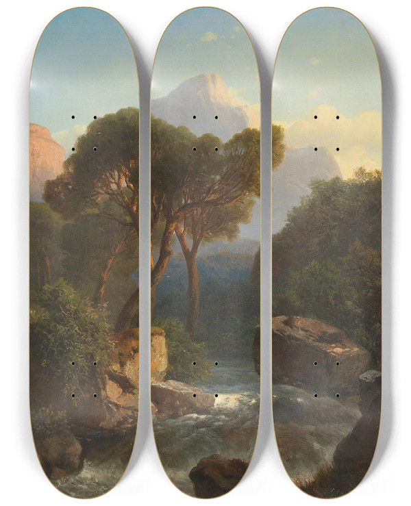 Triptych art skateboard deck of Albert Zimmermann Southern Mountain Landscape by Albert Zimmermann (1808-1888)