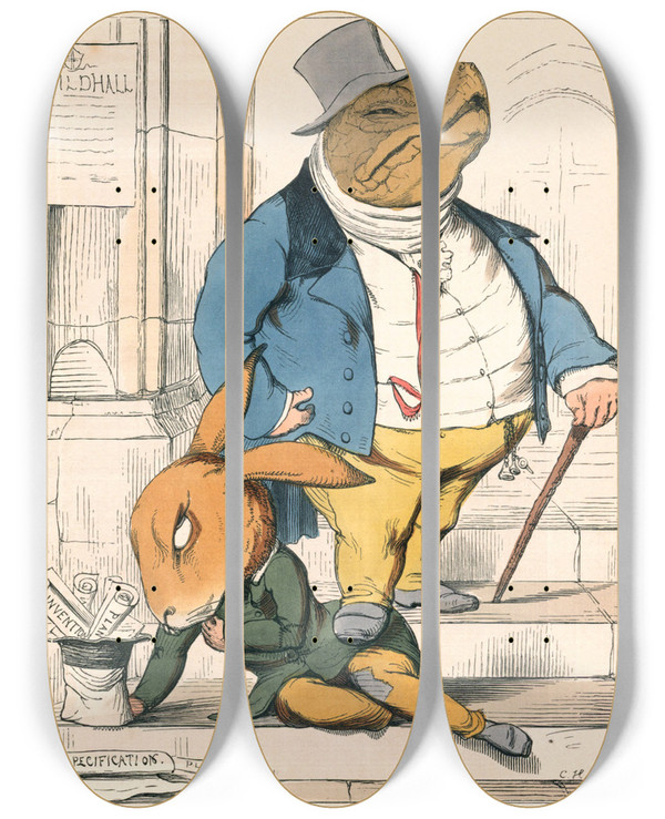 Triptych art skateboard deck of Charles Henry Bennett The Hare And The Tortoise by Charles H Bennett (1828-1867)