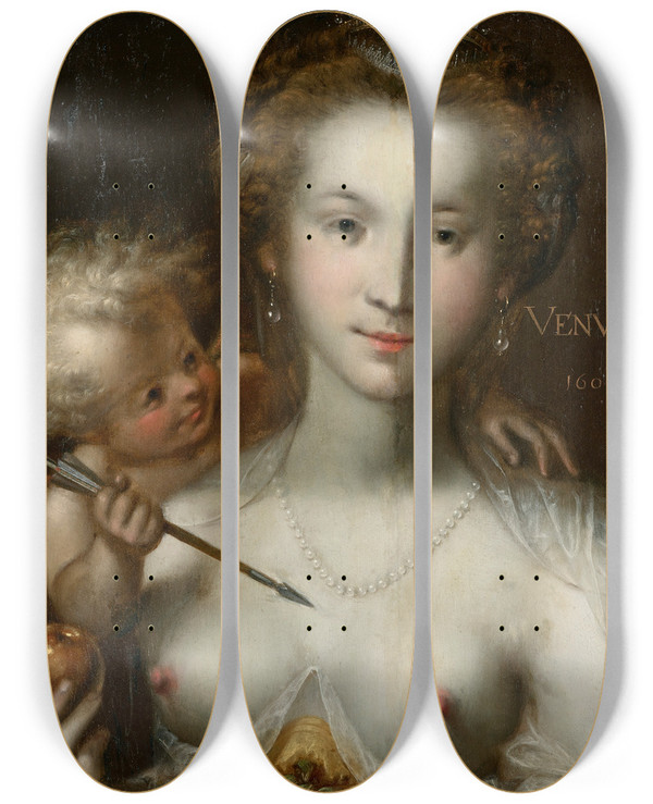 Triptych art skateboard deck of Pieter Isaacsz Venus And Cupid by Pieter Isaacsz (1569-1625)