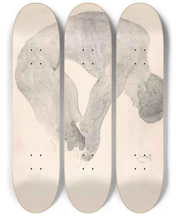 Triptych art skateboard deck of Reijer Stolk Bukkende Naakte Man by Reijer Stolk (1896-1945)