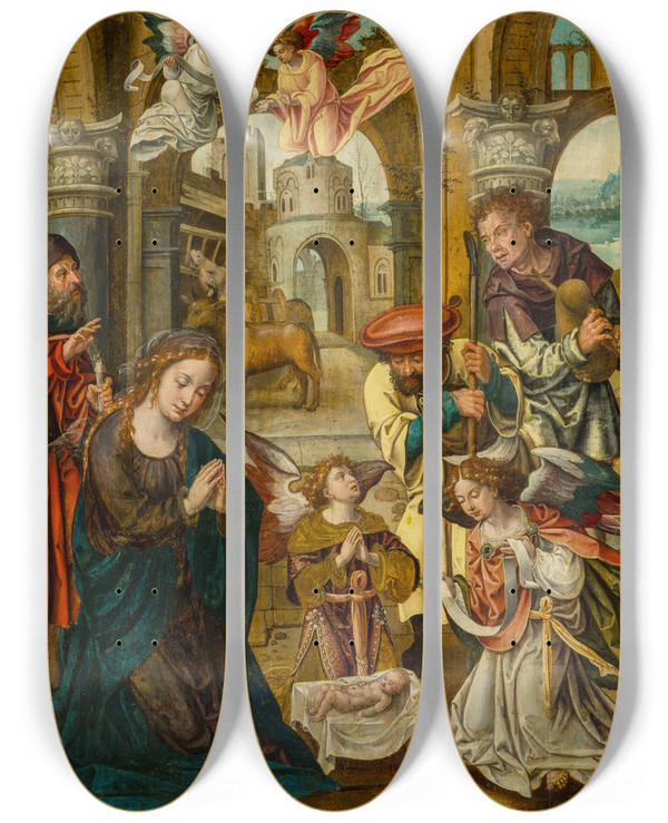 Triptych art skateboard deck of Pieter Coecke Van Aelst Adoration Of The Shepherds Luke 21620 by Pieter Coecke Van Aelst (1502-1550)