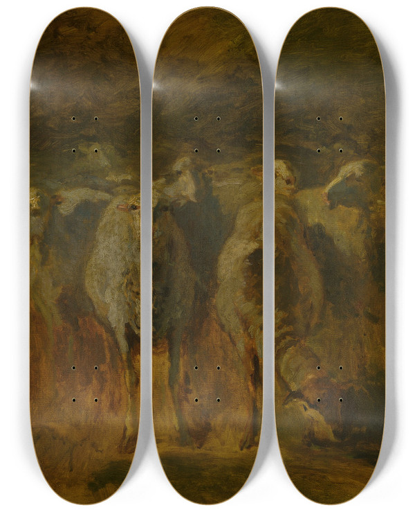 Triptych art skateboard deck of Constant Troyon Unfinished Study Of Sheep by Constant Troyon (1810-1865)