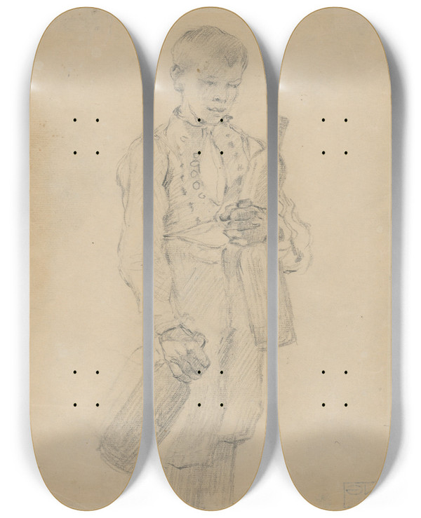 Triptych art skateboard deck of Gustv Mall The Boy With Bottles by Gustav Mally (1879-1952)