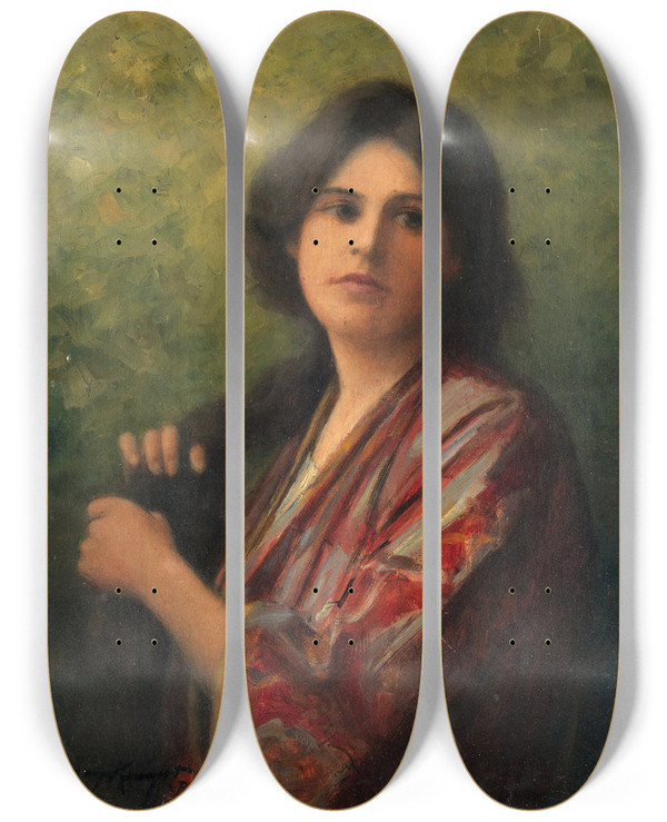 Triptych art skateboard deck of Daniel Ridgway Knight Lost In Thought by Daniel Ridgway Knight (1839-1924)