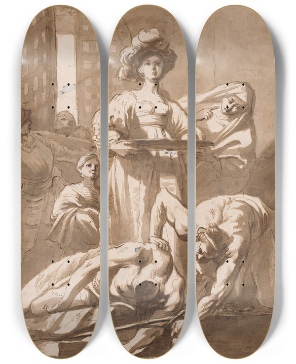 Triptych art skateboard deck of Nicolaus Knpfer Salome With The Head Of John The Baptist by Nicolaus Knupfer (1603-1655)