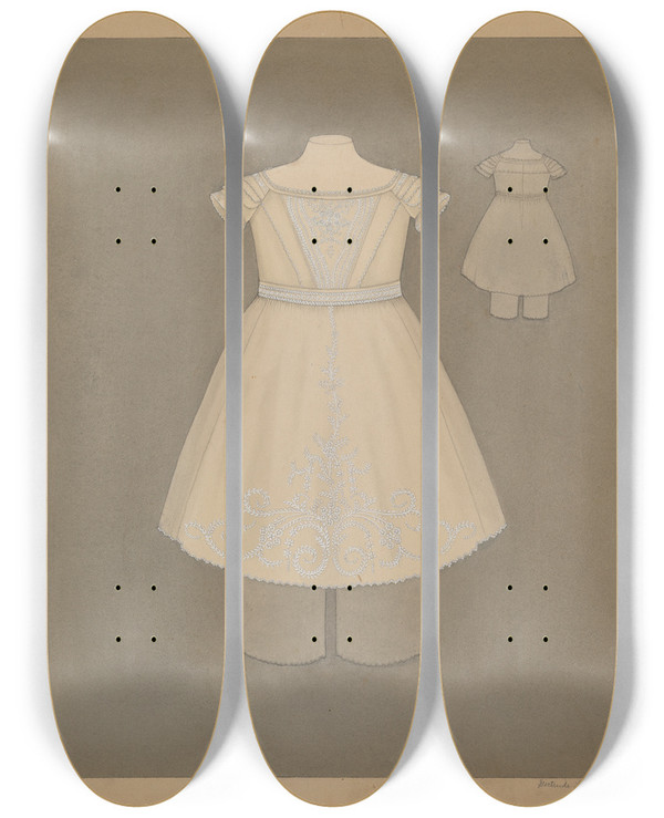 Triptych art skateboard deck of Gertrude Lemberg Childs Dress by Gertrude Lemberg (20-)