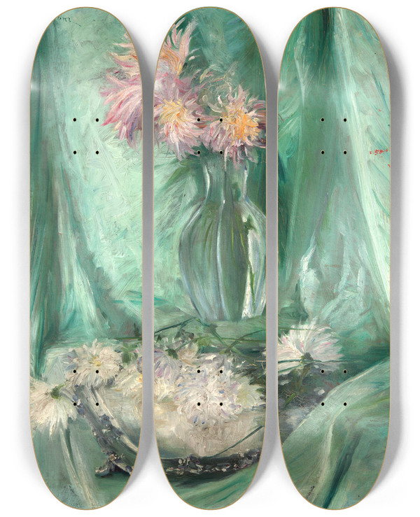 Triptych art skateboard deck of Robert Thegerstrm Chrysantemums by Robert Thegerstrom (1857-1919)