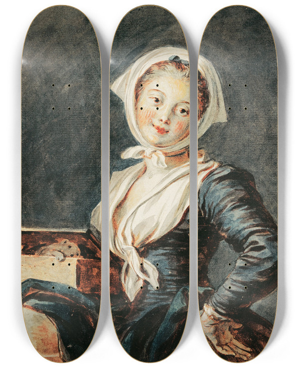 Triptych art skateboard deck of Jeanhonor Fragonard The Girl With The Marmot by Jean-Honor Fragonard (1732-1806)