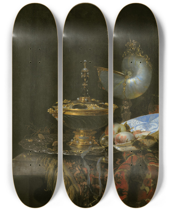 Triptych art skateboard deck of Willem Kalf Pronk Still Life With Holbein Bowl Nautilus Cup Glass Goblet And Fruit Dish by Willem Kalf (1619-1693)