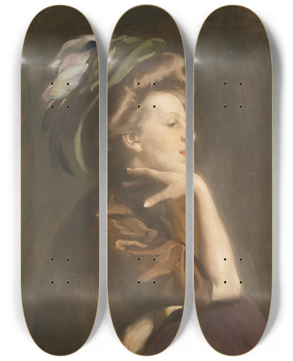 Triptych art skateboard deck of Arthur Kampf Lady Portrait by Arthur Kampf (1865-1950)