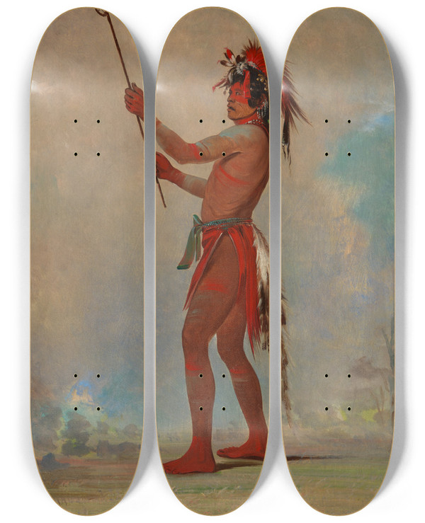 Triptych art skateboard deck of George Catlin Wechshtadota Red Man A Distinguished Ball Player by George Catlin (1796-1872)