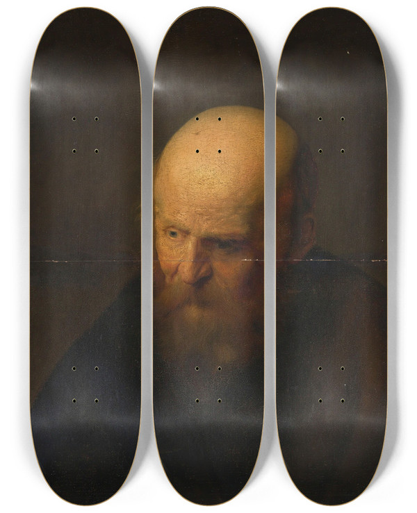 Triptych art skateboard deck of Follower Of Rembrandt Van Rijn Head Of An Old Man by Follower of Rembrandt van Rijn (1606-1669)