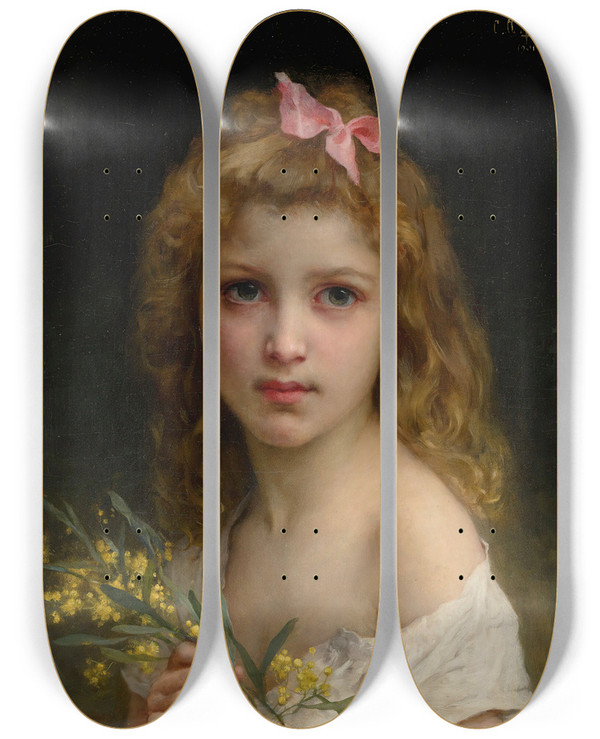 Triptych art skateboard deck of Charles Amable Lenoir Portrait Of A Girl With Mimosablossoms by Charles Amable Lenoir (1860-1926)