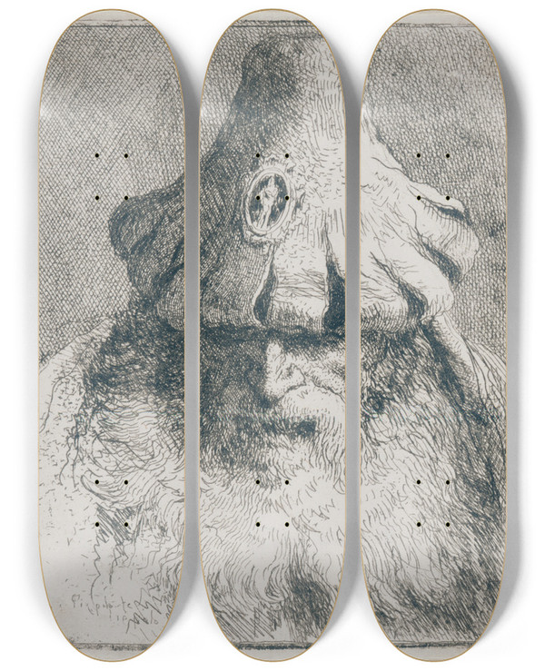 Triptych art skateboard deck of Giovanni Domenico Tiepolo Old Man With Conical Hat by Giovanni Domenico Tiepolo (1727-1804)