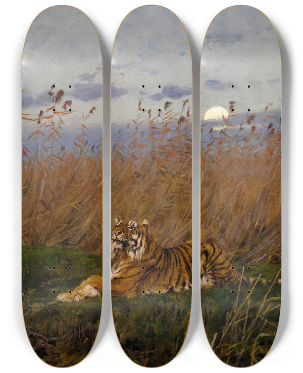 Triptych art skateboard deck of Geza Vastagh A Tiger Among Rushes In The Moonlight by Geza Vastagh (1866-1919)