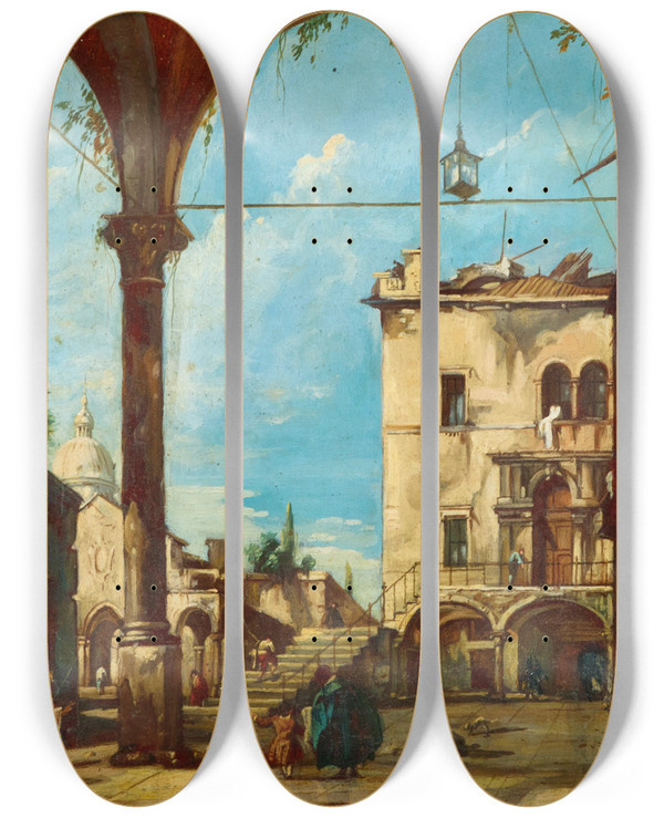 Triptych art skateboard deck of Giuseppe Bernardino Bison An Architectural Capriccio With Figures by Giuseppe Bernardino Bison (1762-1844)