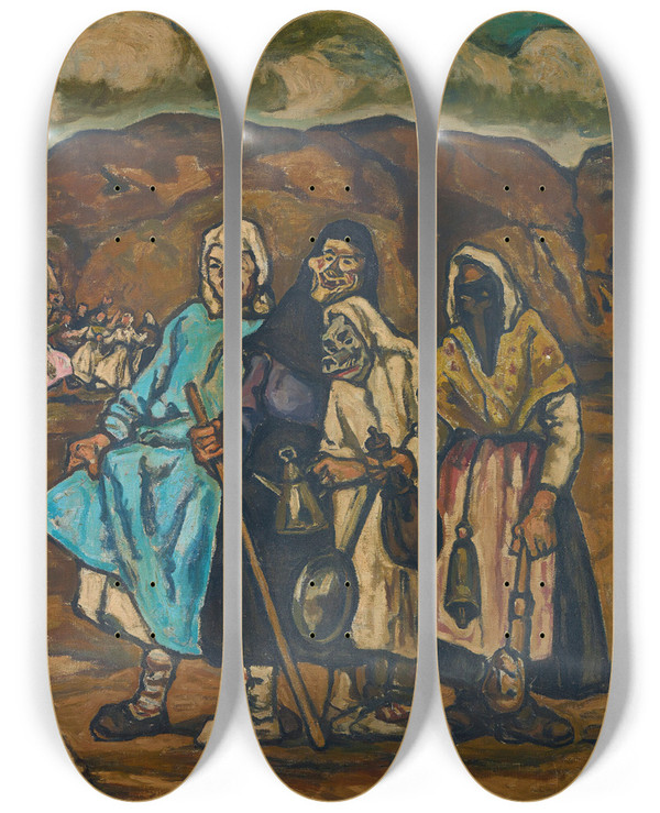 Triptych art skateboard deck of Jos Gutirrez Solana Dostrozonas De La Sartn Carnival Figures by Jose Gutierrez Solana (1886-1945)