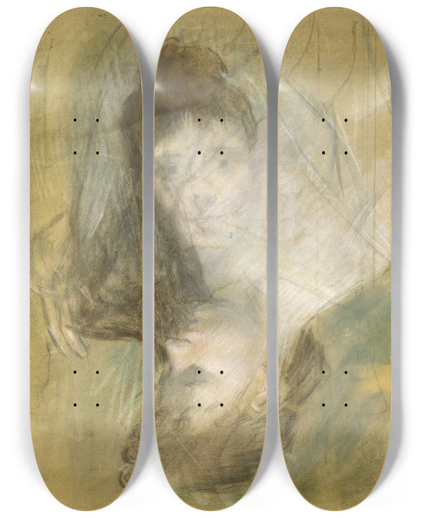 Triptych art skateboard deck of Jeanlouis Forain Sketch Of A Woman by Jean Louis Forain (1852-1931)