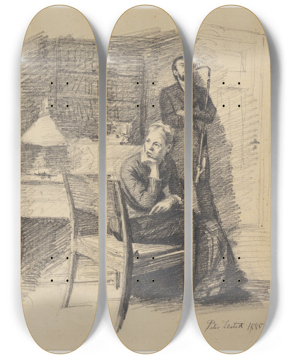 Triptych art skateboard deck of Peter Ilsted Finansforhandlinger by Peter Ilsted (1861-1933)