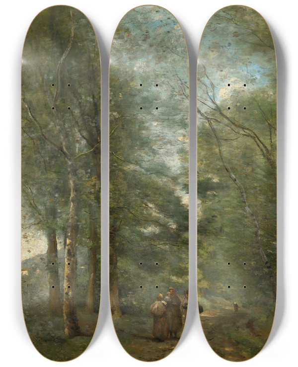 Triptych art skateboard deck of Jeanbaptistecamille Corot Ville Davraypaysans Causant Sur Le Chemin Longeant Ltang by Jean-Baptiste-Camille Corot (1796-1875)