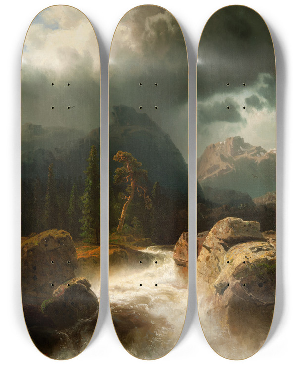 Triptych art skateboard deck of Marcus Larson Waterfall_2 by Marcus Larson (1825-1864)