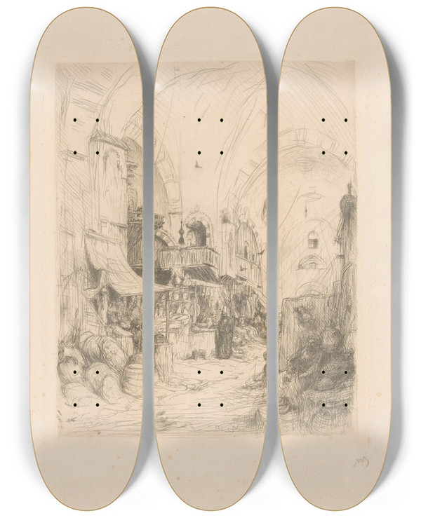 Triptych art skateboard deck of Marius Bauer Bazaar In Constantinopel_1 by Marius Bauer (1867-1932)